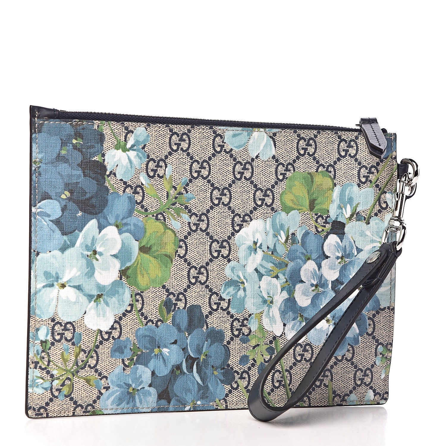 Gucci GG Supreme Monogram Blooms Small Zip Wristlet Pouch Beige Blue Black 3 of 7
