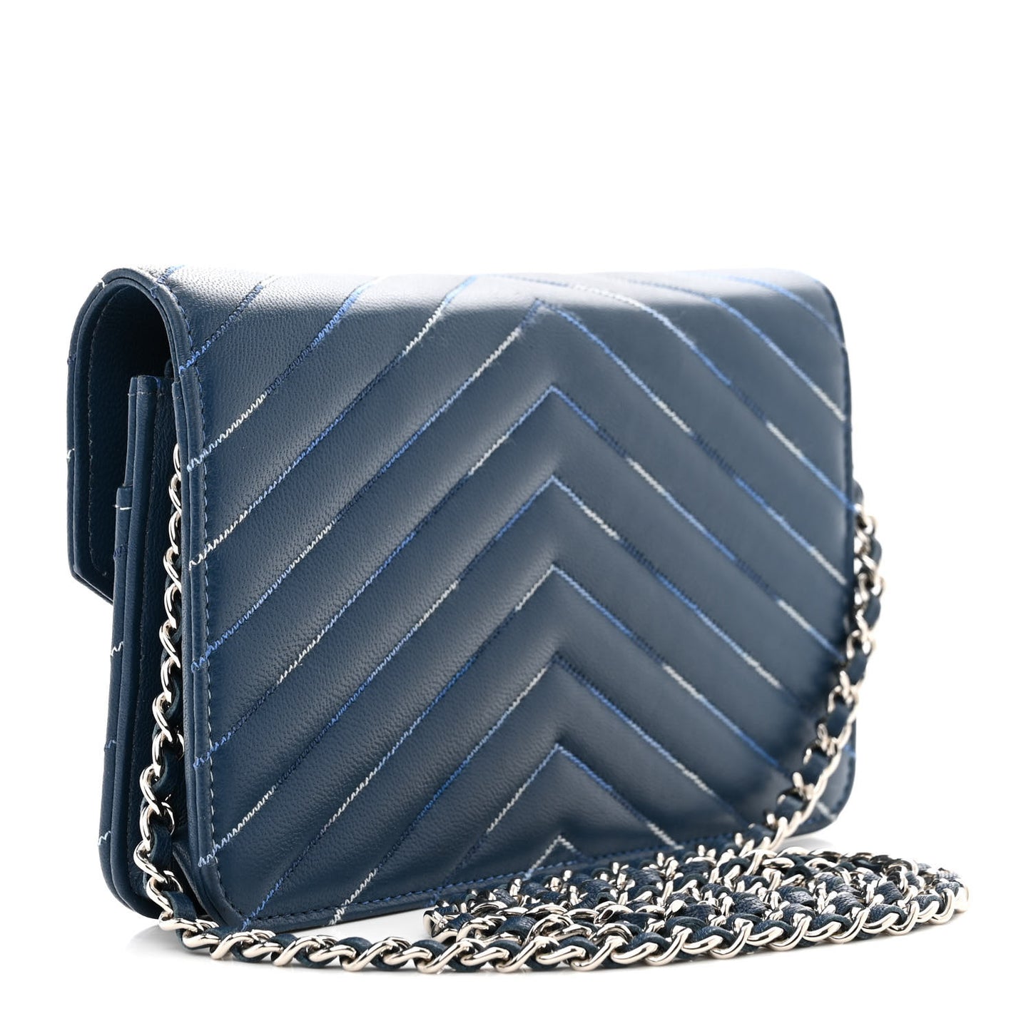 Lambskin Chevron Quilted Stitched Wallet On Chain WOC Blue