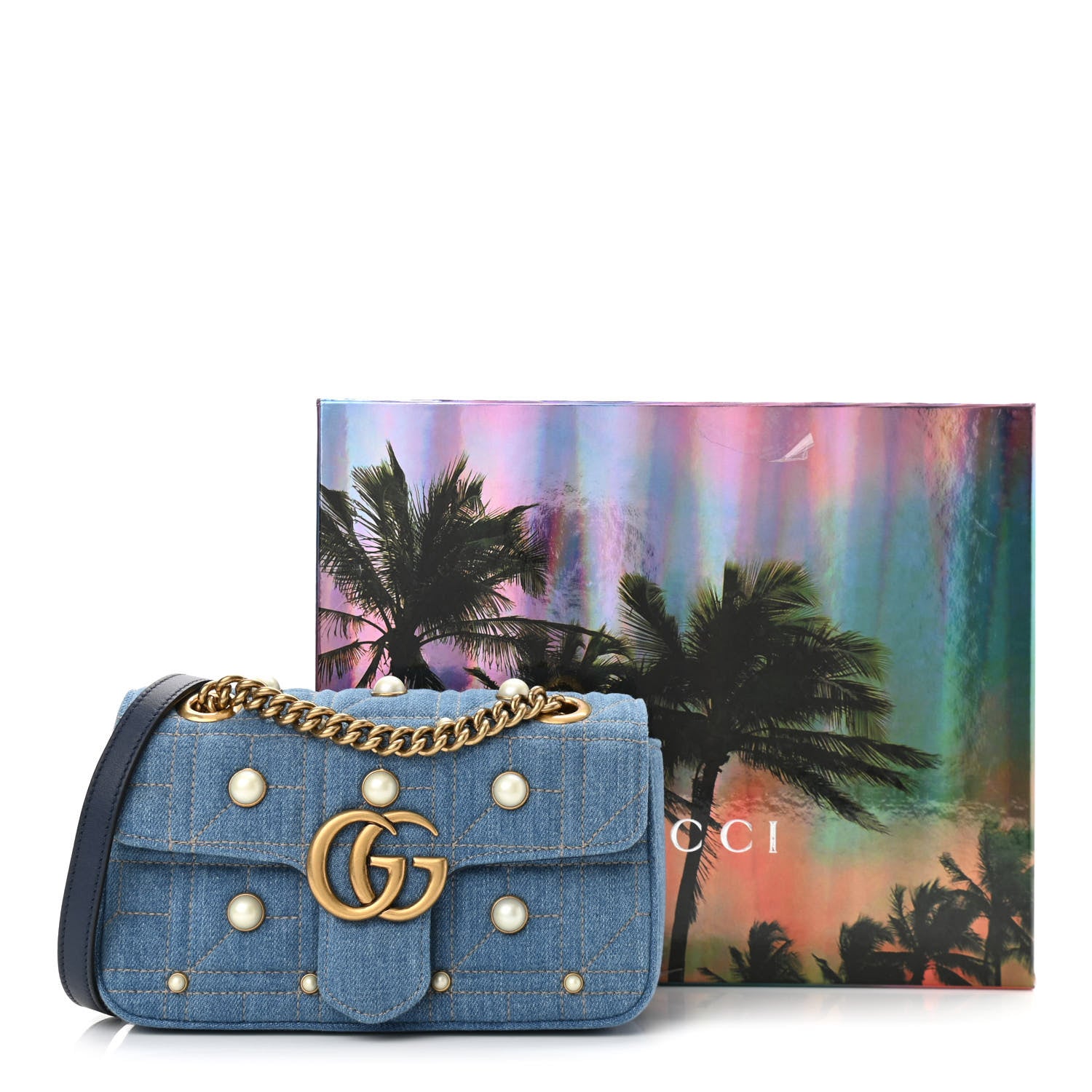Gucci Denim Matelasse Pearl Studded Mini GG Marmont Shoulder Bag Blue 11 of 11