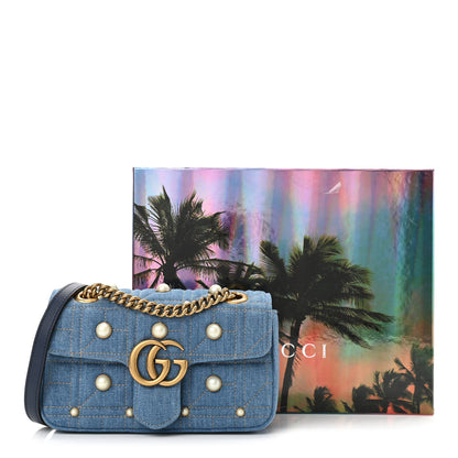 Gucci Denim Matelasse Pearl Studded Mini GG Marmont Shoulder Bag Blue 11 of 11