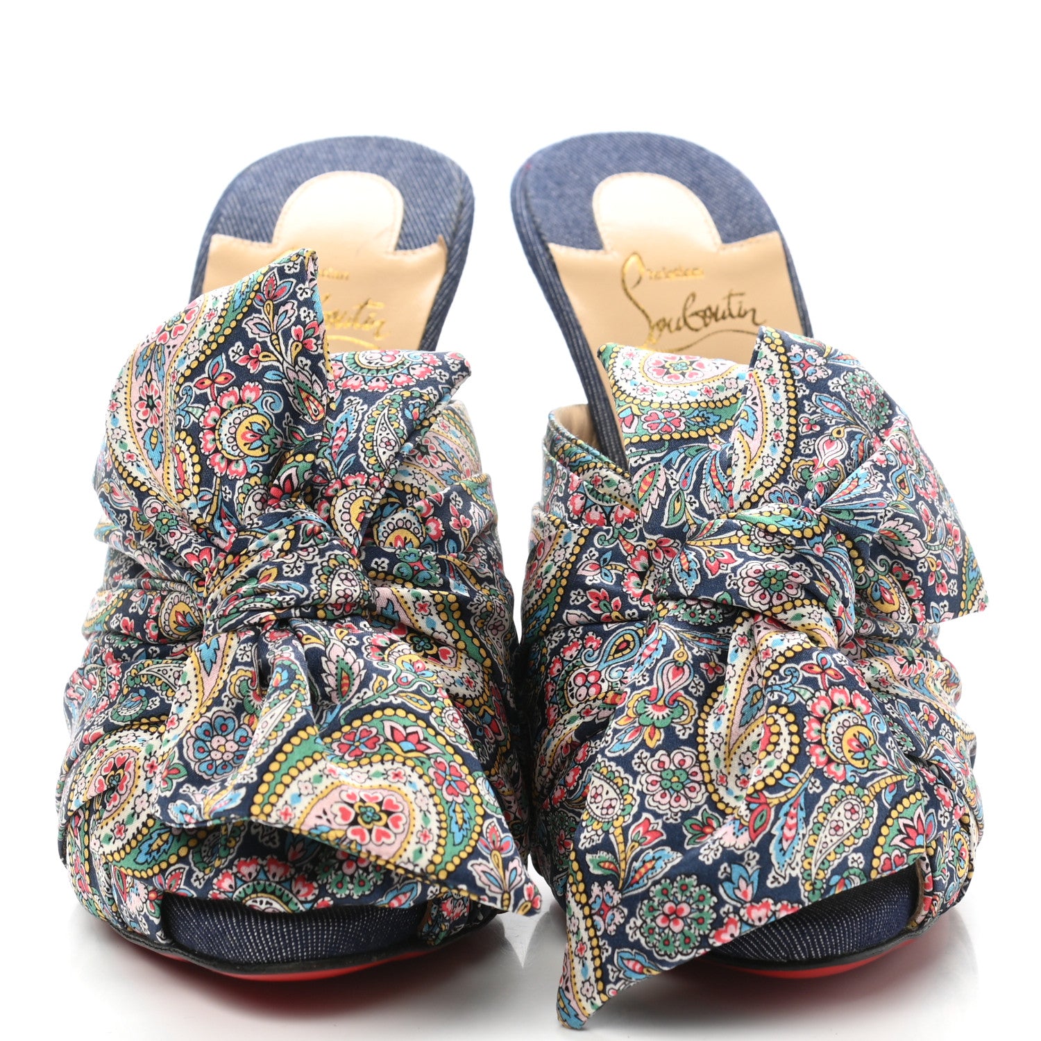 Christian Louboutin Satin Paisley Denim Moniquissima 120 Platform Slide Sandals 39 Positano Blue 2 of 8