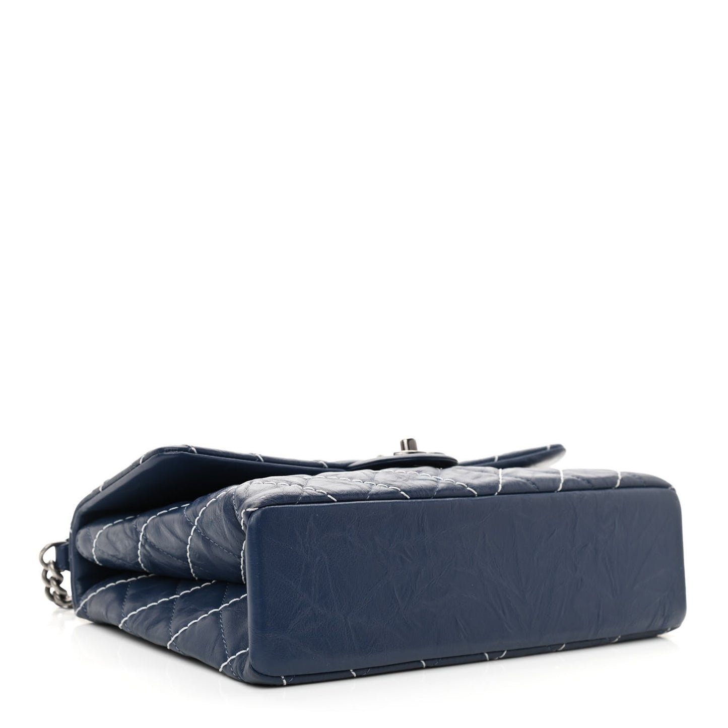Aged Calfskin Chevron Stitched Quilted Flap Blue