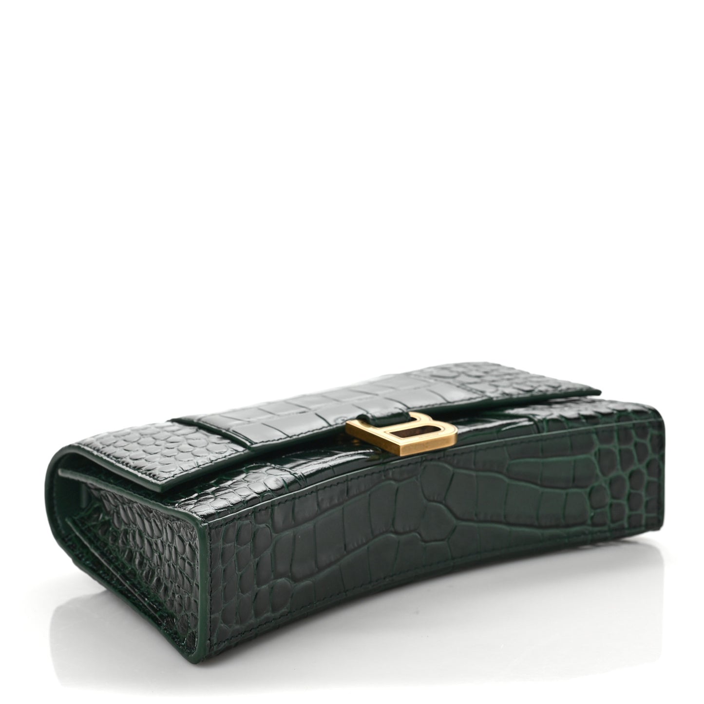 Shiny Calfskin Crocodile Embossed Small Hourglass Evening Chain Bag Forest Green