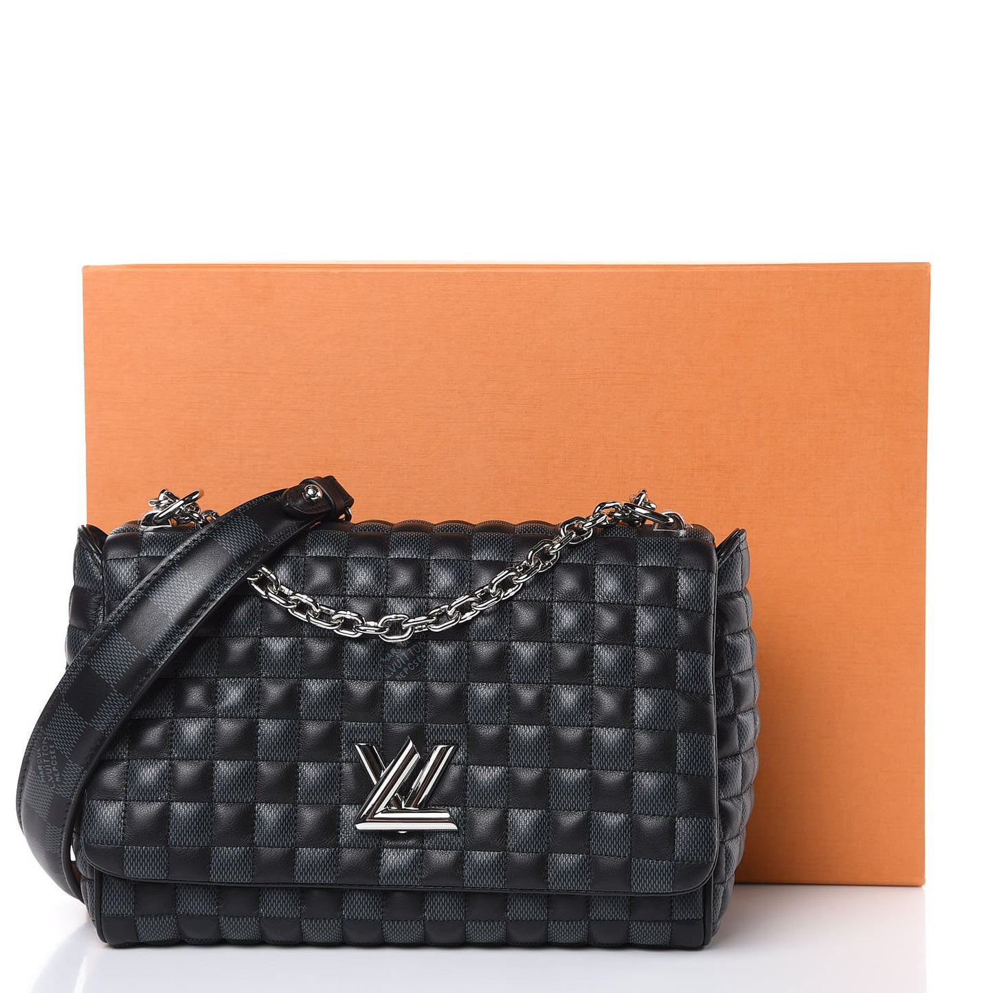 Calfskin Quilted Damier Twist MM Black Anthracite