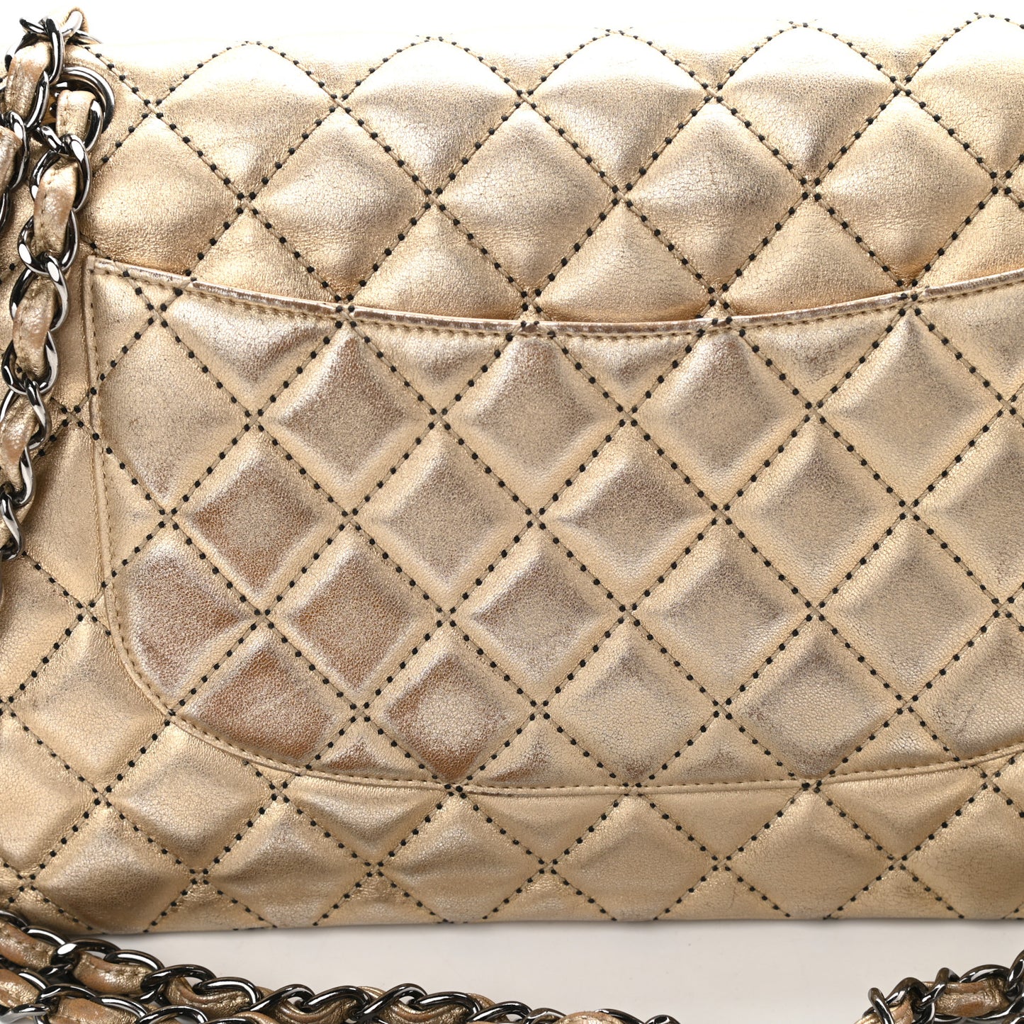 Metallic Washed Lambskin Quilted Jumbo Double Flap Dark Gold Black