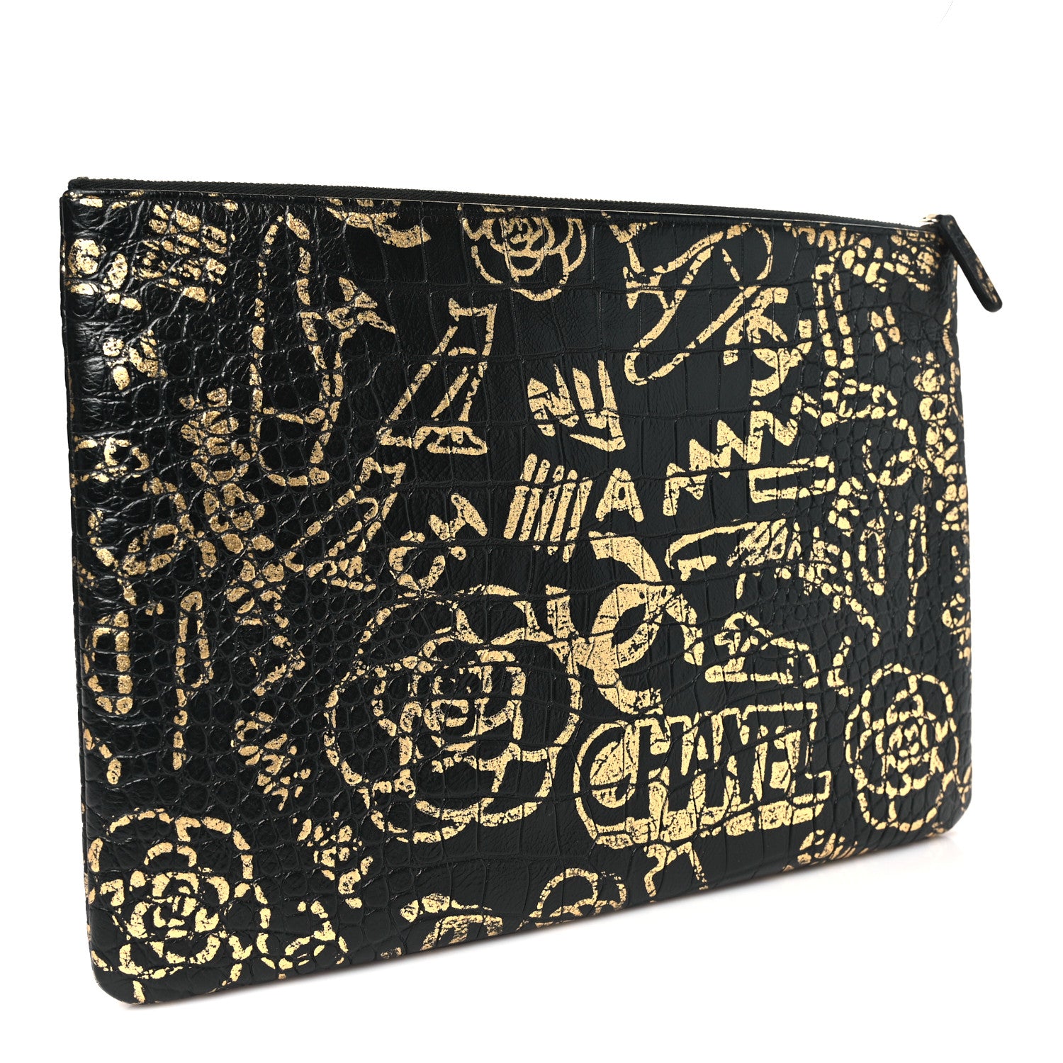 Chanel Calfskin Crocodile Embossed Graffiti 2.55 Large Cocodile Reissue Cosmetic Case Black Gold 3 of 9