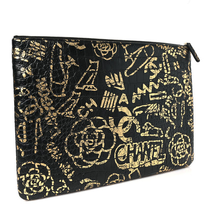 Chanel Calfskin Crocodile Embossed Graffiti 2.55 Large Cocodile Reissue Cosmetic Case Black Gold 3 of 9