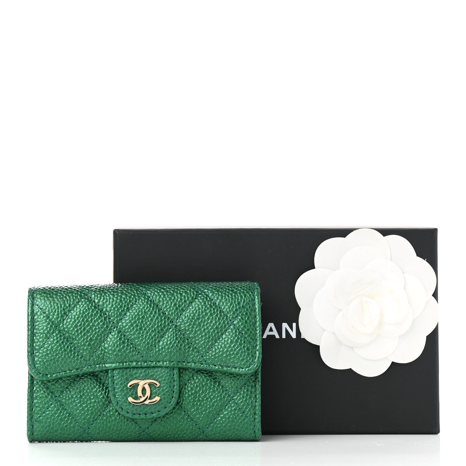 Chanel Metallic Caviar Quilted Flap Card Holder Wallet Green 8 of 8