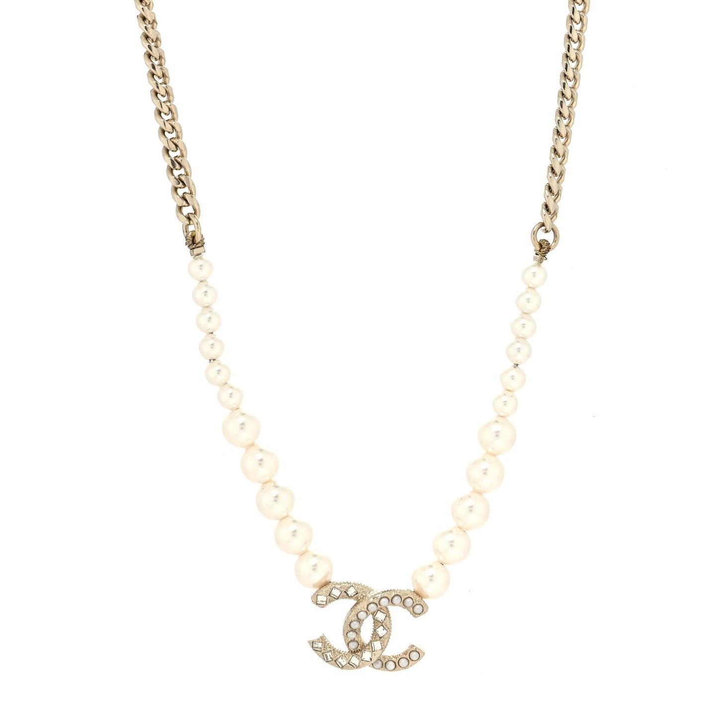 Pearl Crystal Chain CC Necklace Gold