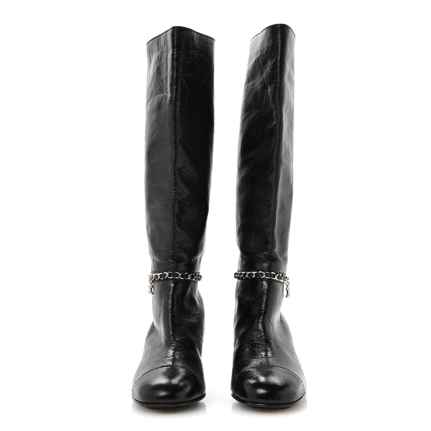 Crumpled Calfskin Cap Toe Chain Boots 36 Black