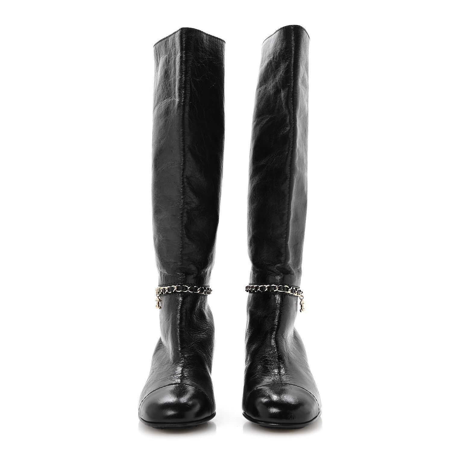 Chanel Crumpled Calfskin Cap Toe Chain Boots 36 Black 3 of 8