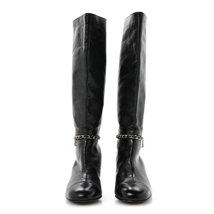 Chanel Crumpled Calfskin Cap Toe Chain Boots 36 Black 3 of 8