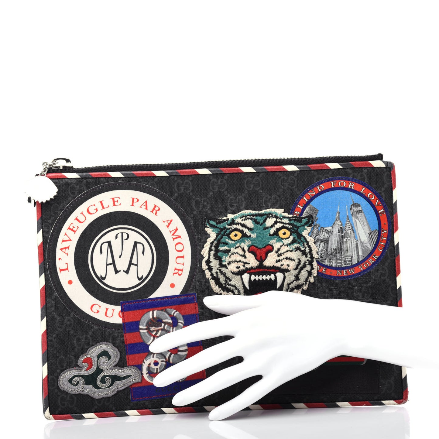 GG Supreme Monogram Night Courrier Zip Wristlet Pouch Black Multicolor