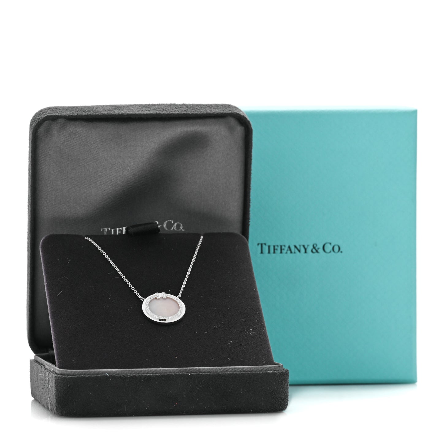 18K White Gold Diamond Pink Opal T Circle Pendant Necklace