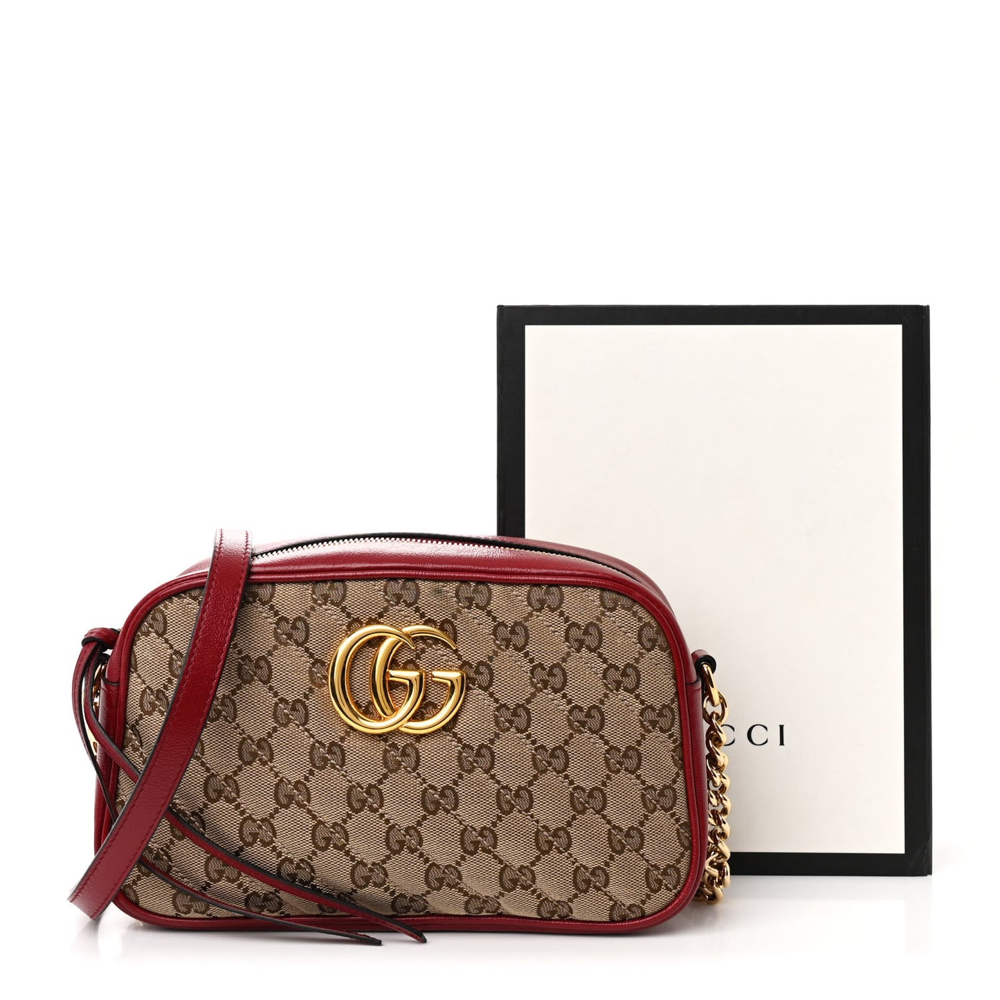 Monogram Azalea Calfskin Matelasse Diagonal Small GG Marmont Chain Shoulder Bag Beige Ebony New Cherry Red