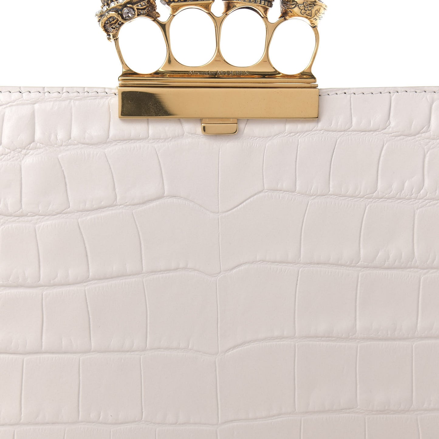 Calfskin Crocodile Embossed Knuckle Flat Clutch Off White Gold