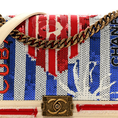 Chanel Sequin Canvas New Medium Cuba Boy Flap White Blue Red 8 of 14