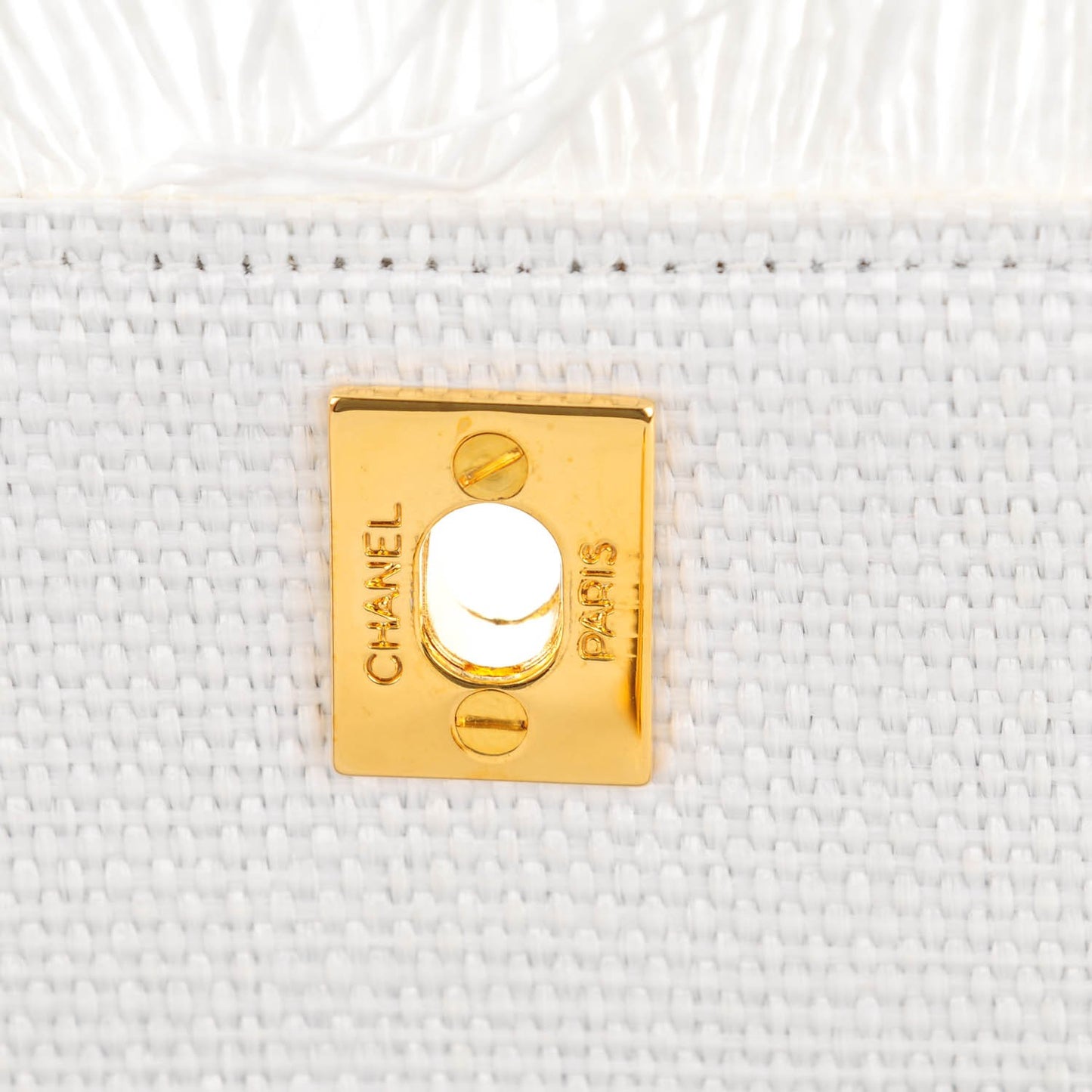 Woven Raffia Quilted CC Fringe Flap White