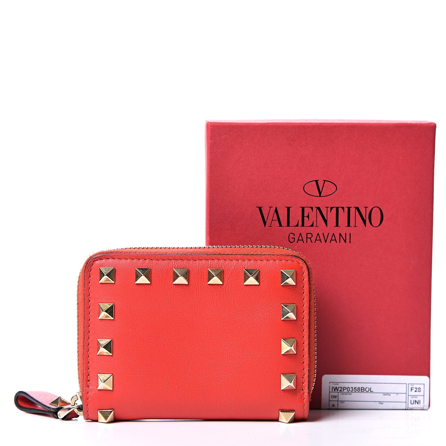 Calfskin Rockstud Zip Around Coin Case Card Holder Deep Orange