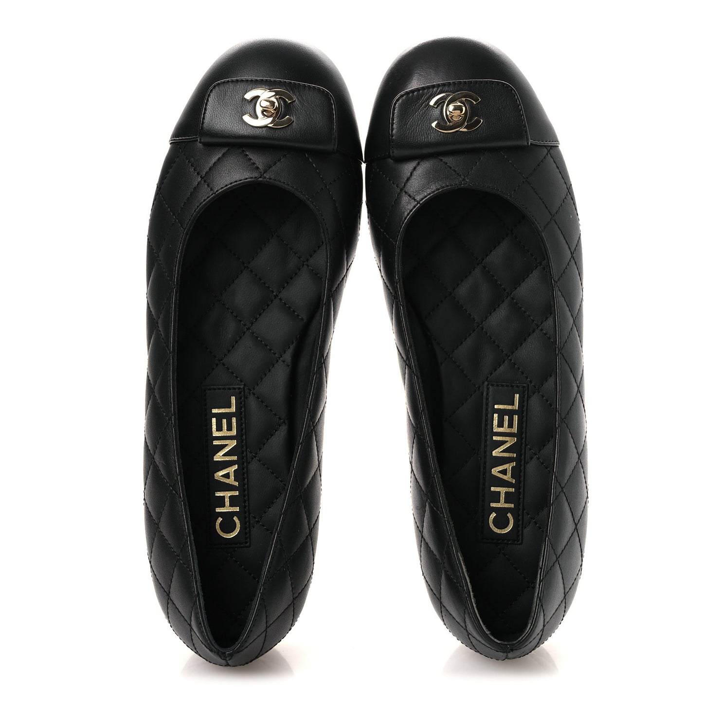Calfskin Lambskin Quilted CC Cap Toe Ballerina Flats 36.5 Black