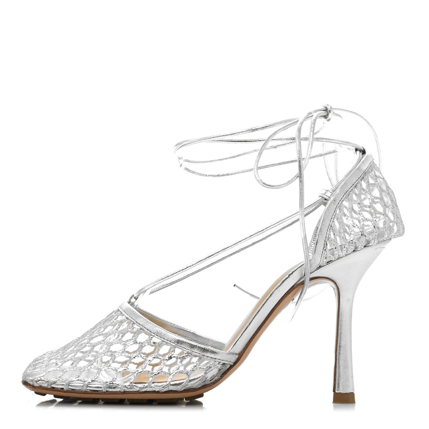 Bottega Veneta Mesh Metallic Nappa Stretch Ankle Tie Sandals 37.5 Silver 1 of 7