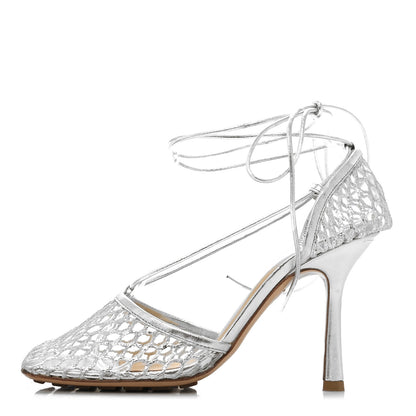 Bottega Veneta Mesh Metallic Nappa Stretch Ankle Tie Sandals 37.5 Silver 1 of 7