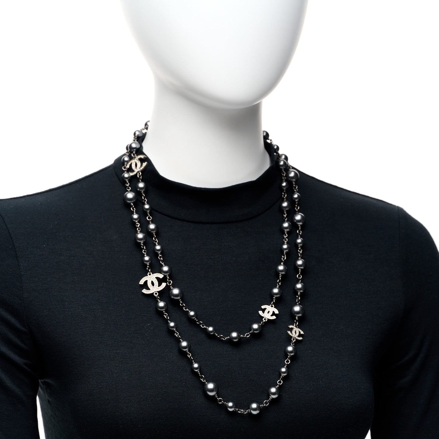 Crystal Pearl Beaded CC Long Necklace Ruthenium