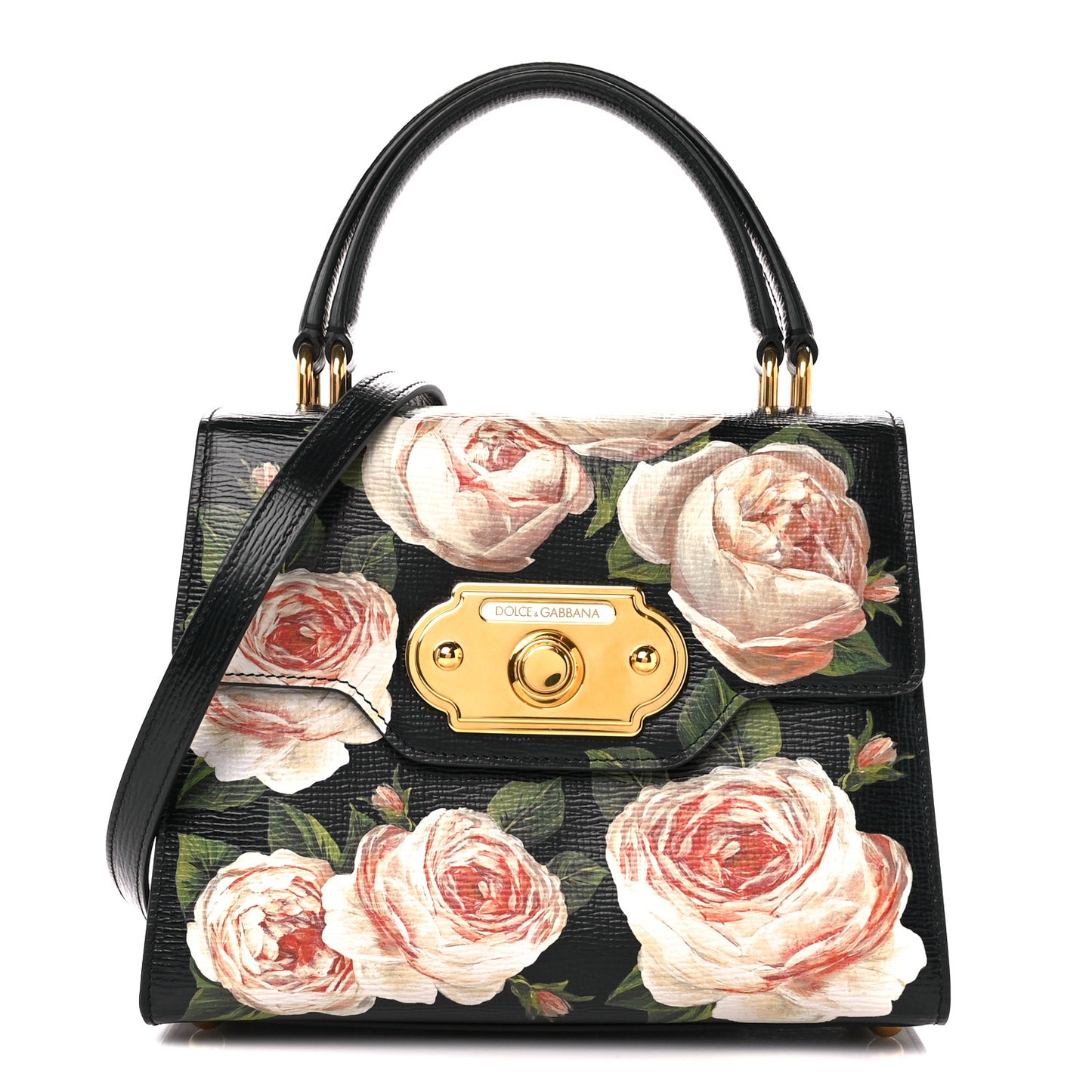 Grained Calfskin Floral Printed Medium Welcome Satchel Black