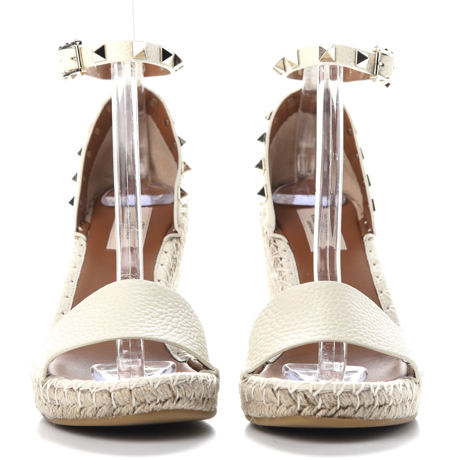 Valentino Garavani Grained Calfskin Rockstud Ankle Strap Espadrille 15/105mm Wedge Sandals 37 Light Ivory Natural 3 of 11