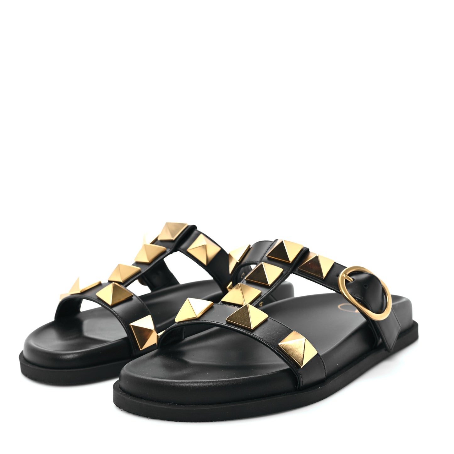 Calfskin Roman Stud Flat Slide Sandals 36 Black