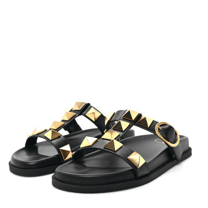 Valentino Garavani Calfskin Roman Stud Flat Slide Sandals 36 Black 4 of 10