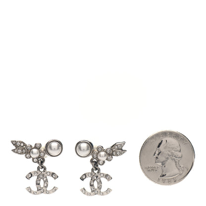 Chanel Crystal Pearl CC Leaf Earrings Silver 2 of 4