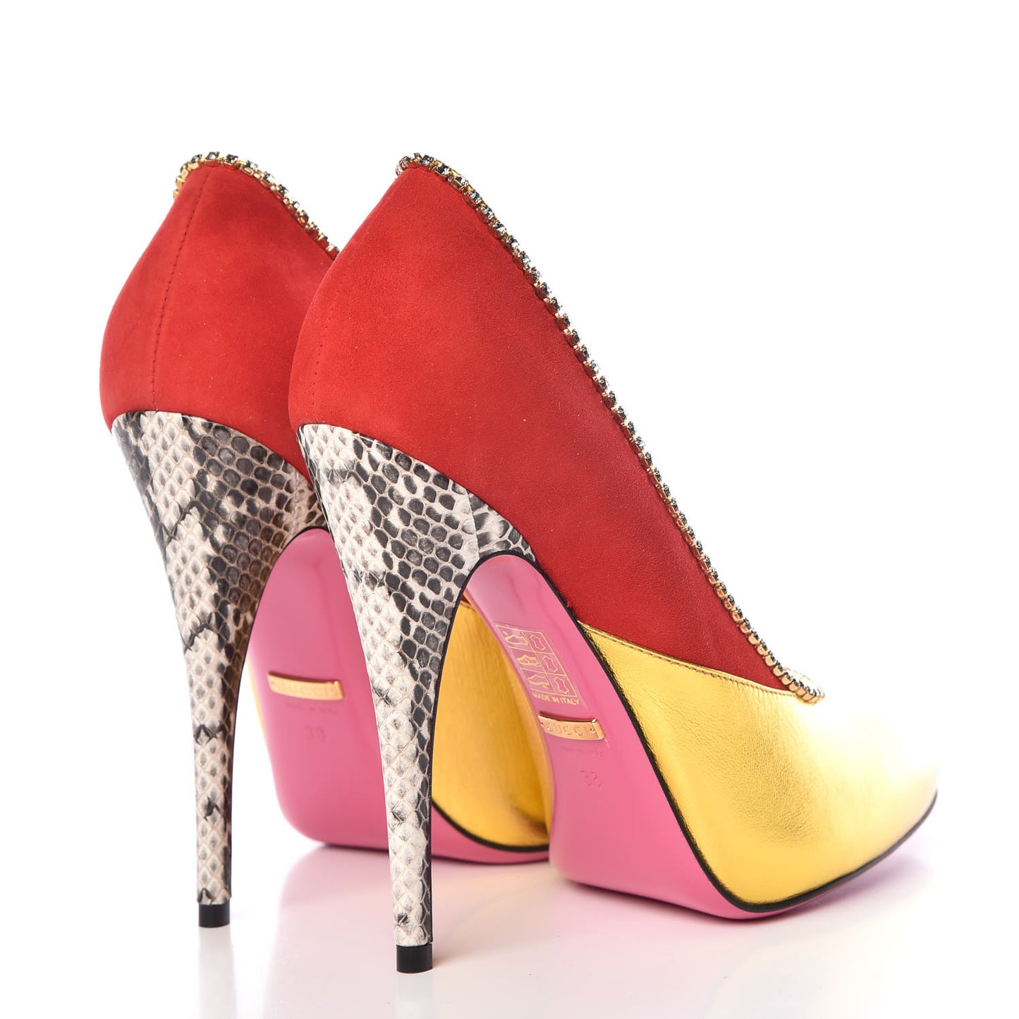 Metallic Nappa Kid Scamosciato Elaphe Snakeskin Peachy Pumps 38 Oro Red Roccia