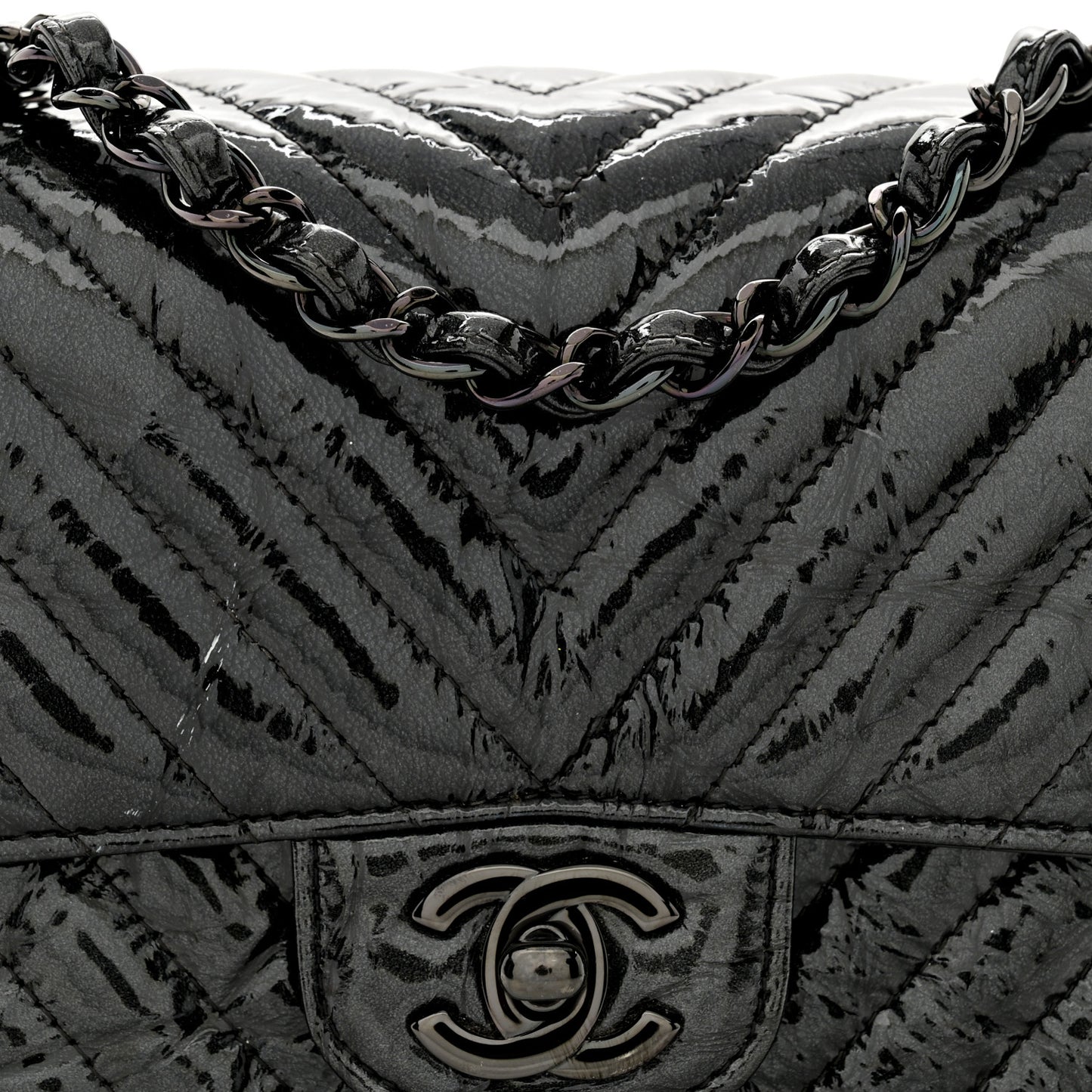 Metallic Patent Crumpled Calfskin Chevron Quilted Mini Square Flap Black