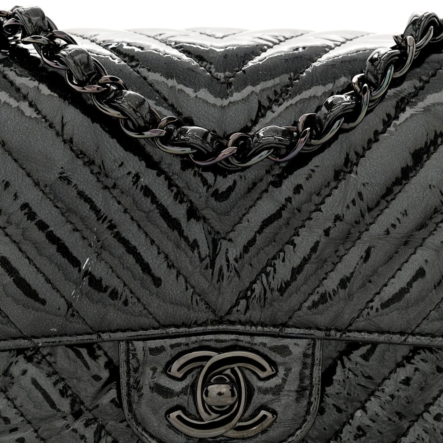Chanel Metallic Patent Crumpled Calfskin Chevron Quilted Mini Square Flap Black 7 of 14