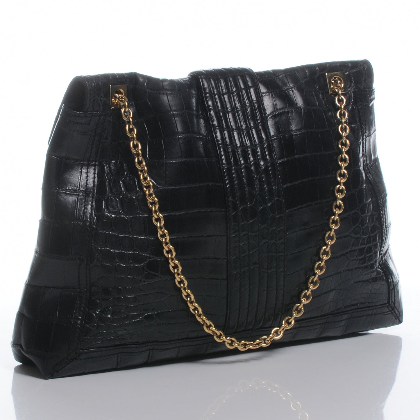 Calfskin Crocodile Embossed Maxi Baguette Black