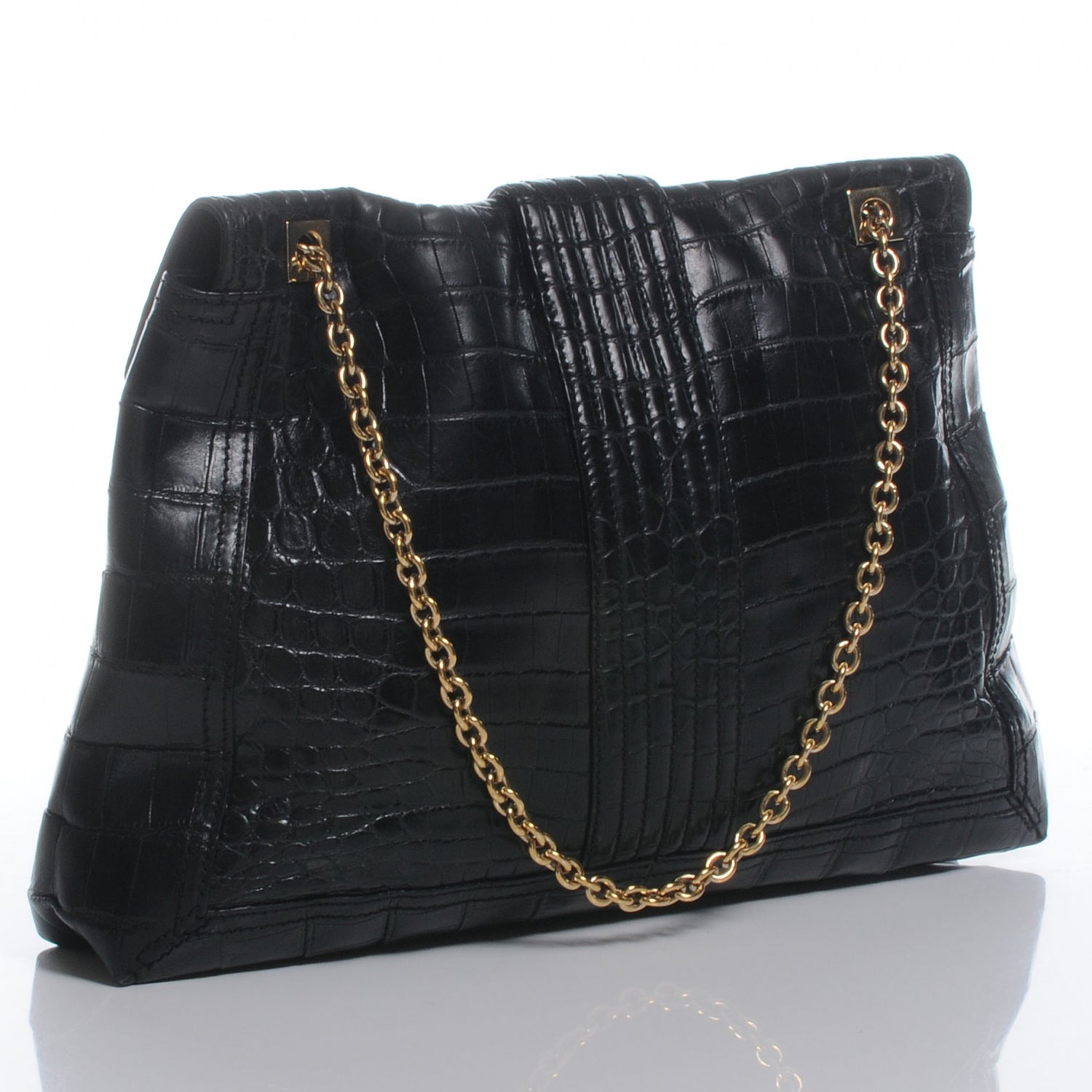 Fendi Calfskin Crocodile Embossed Maxi Baguette Black 3 of 9