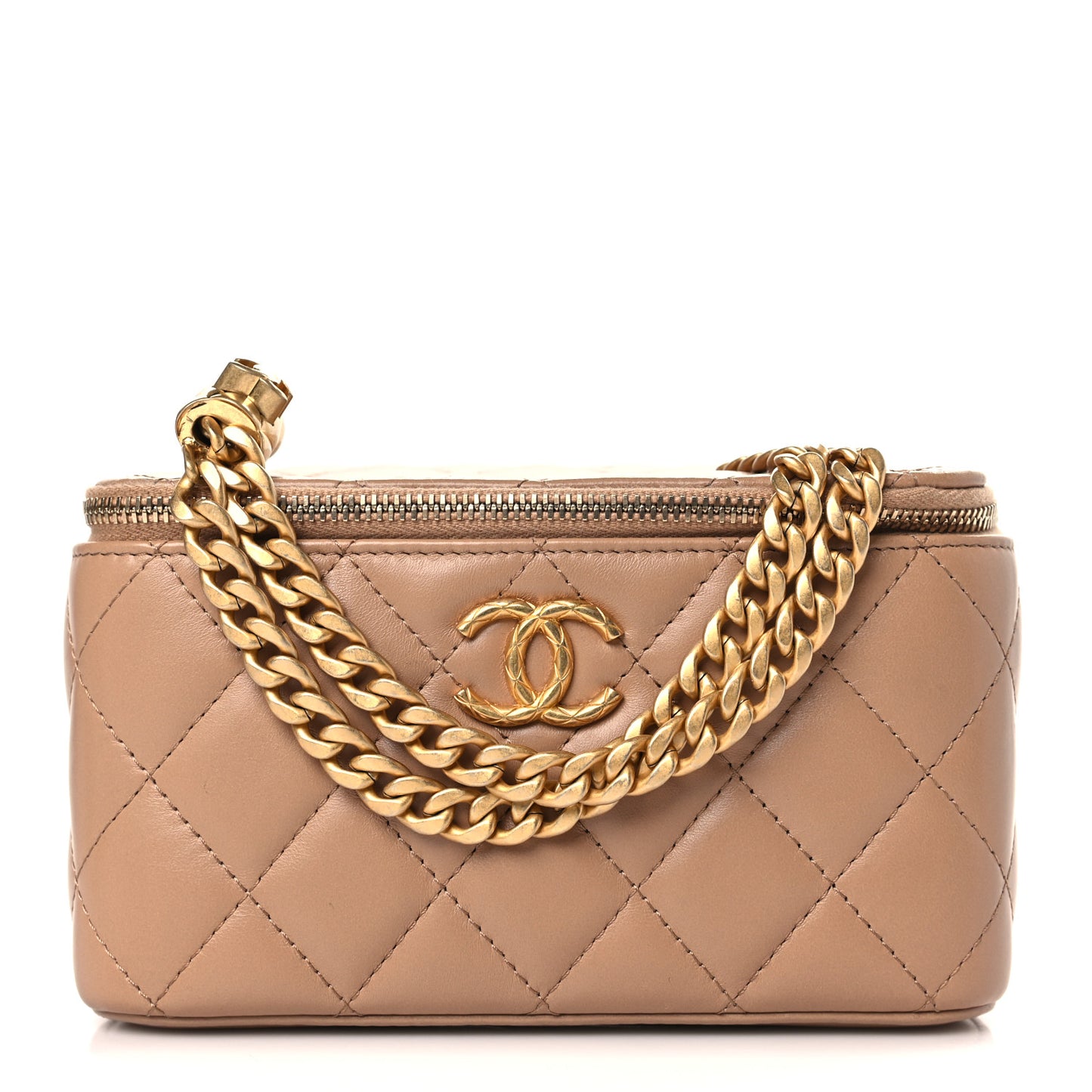 Lambskin Quilted Small Pillow Crush Vanity Case With Chain Beige
