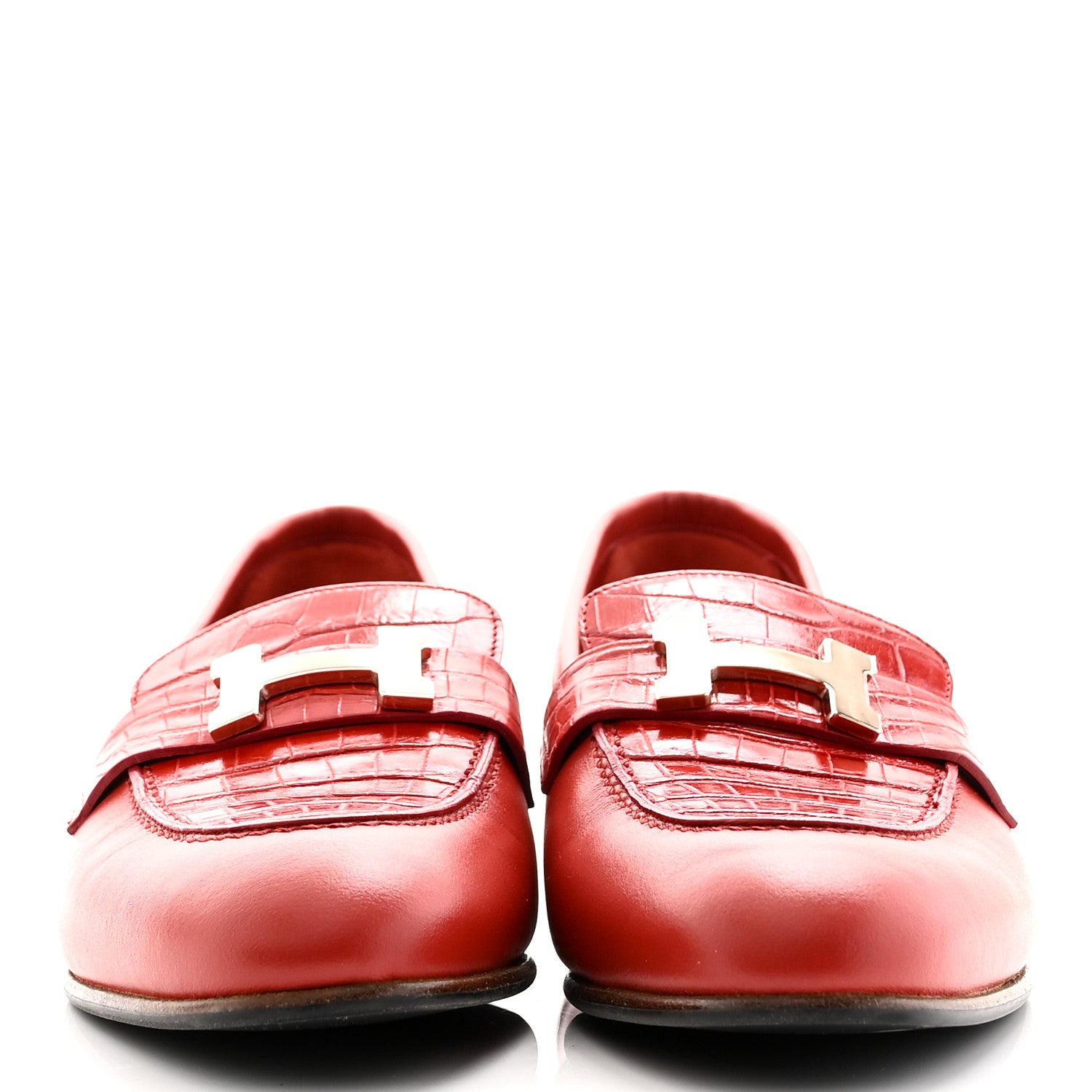 Hermes Calfskin Matte Crocodile Womens Paris Loafers 36 Orange