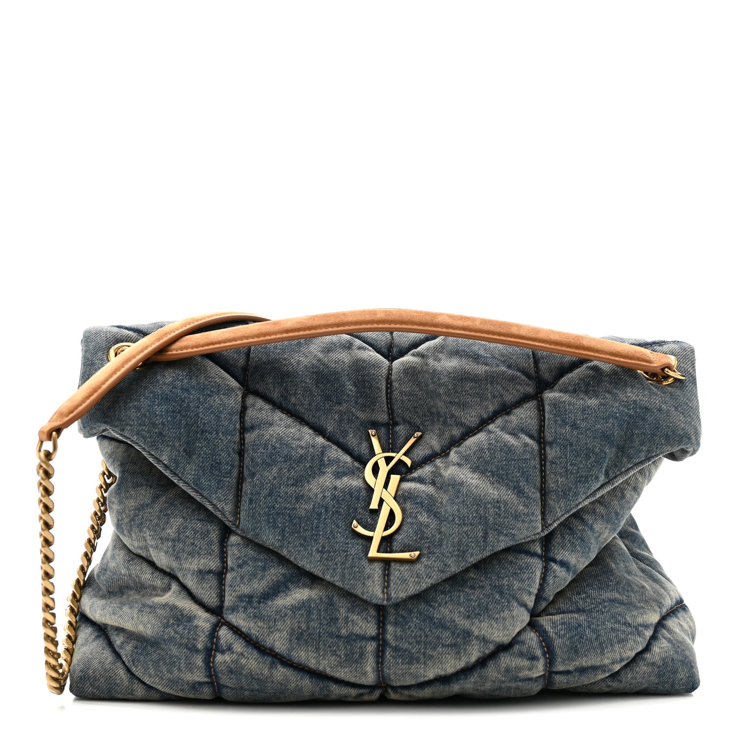 Denim Quilted Medium Loulou Puffer Monogram Chain Satchel Blue Cinnamon