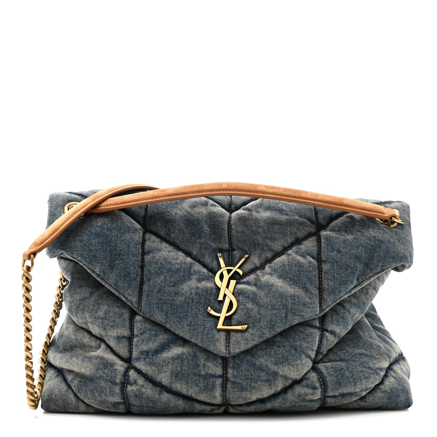 Saint Laurent Denim Quilted Medium Loulou Puffer Monogram Chain Satchel Blue Cinnamon 1 of 10
