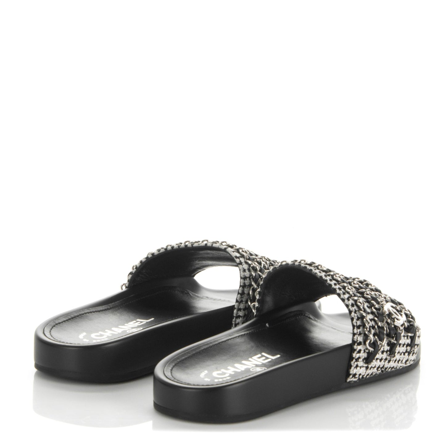 Tweed Lambskin Chain Flat Sandals 35 Black White