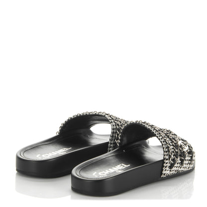 Chanel Tweed Lambskin Chain Flat Sandals 35 Black White 4 of 8