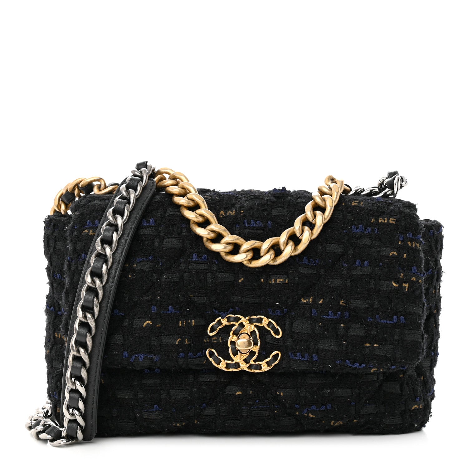 Chanel Tweed Quilted Medium Chanel 19 Flap Black Navy Gold 1 of 11
