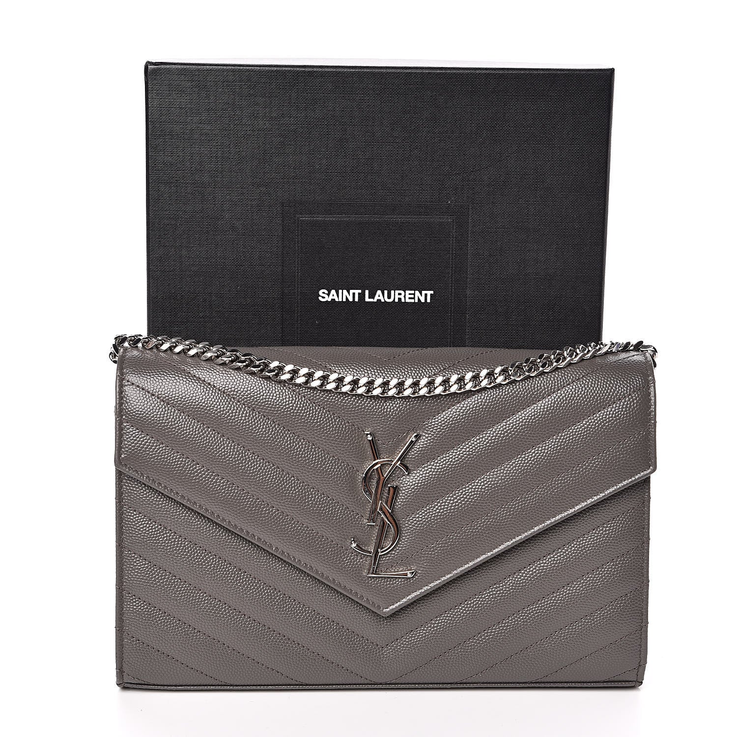 Saint Laurent Grain De Poudre Matelasse Chevron Monogram Chain Wallet Fog 12 of 12