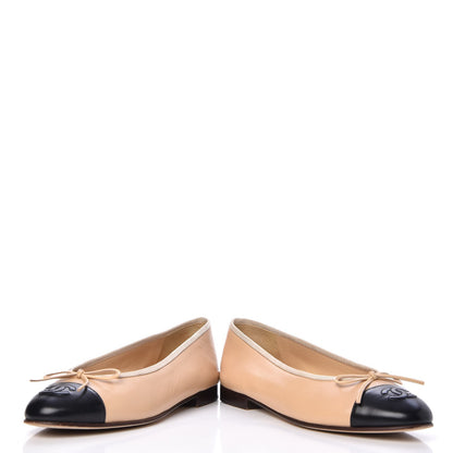 Chanel Lambskin Cap Toe CC Ballerina Flats 36.5 Beige Black 6 of 13
