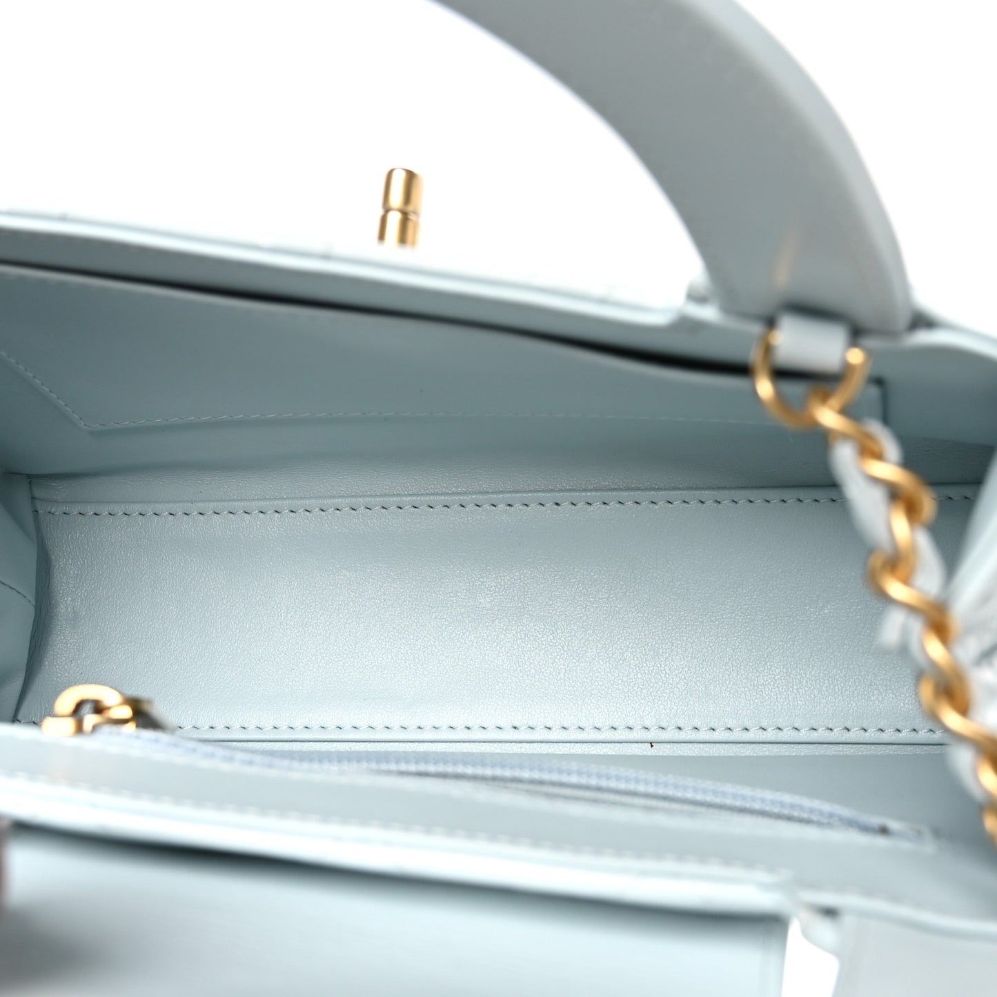 Shiny Aged Calfskin Quilted Nano Kelly Shopper Light Blue
