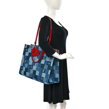 Louis Vuitton Denim Damier Monogram Onthego Blue Rouge 2 of 8