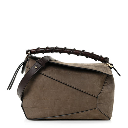 Loewe Nubuck Crocodile Embossed Small Puzzle Bag Olive 1 of 9