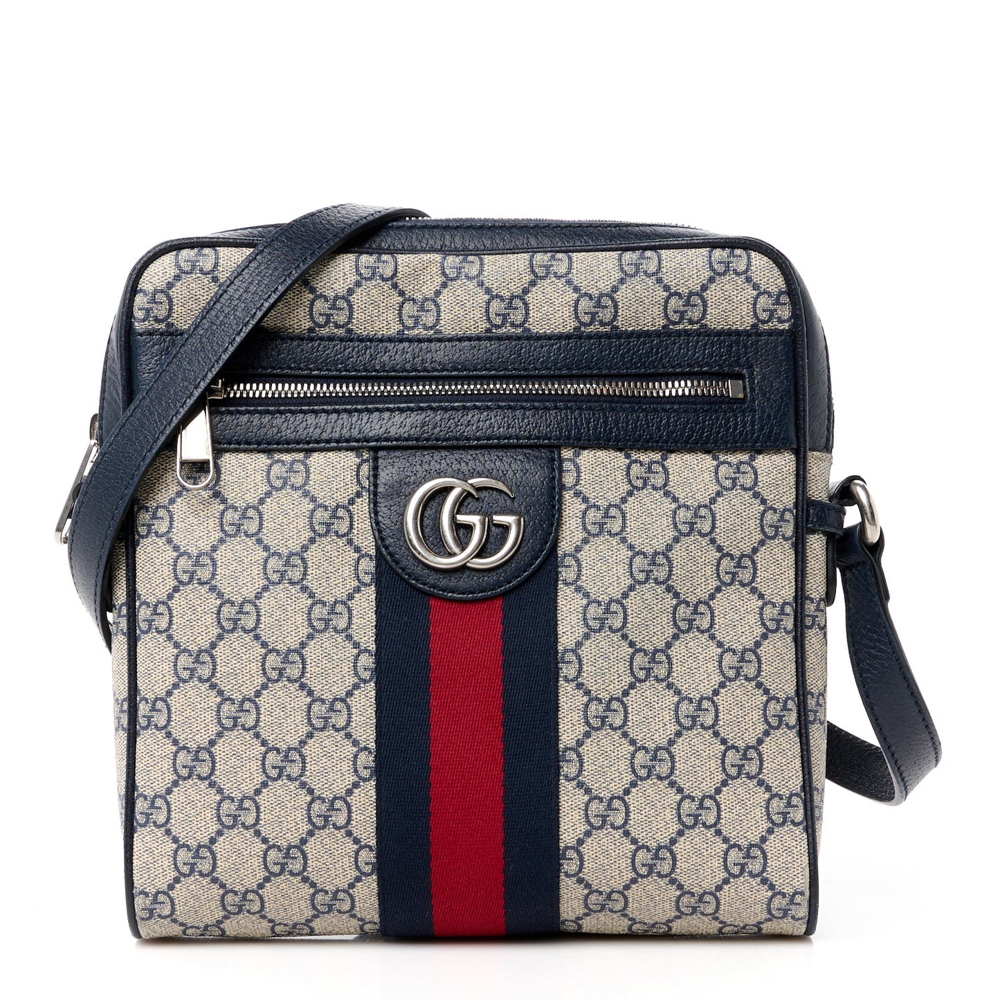 GG Supreme Monogram Textured Dollar Calfskin Web Small Ophidia Messenger Bag Beige Blue